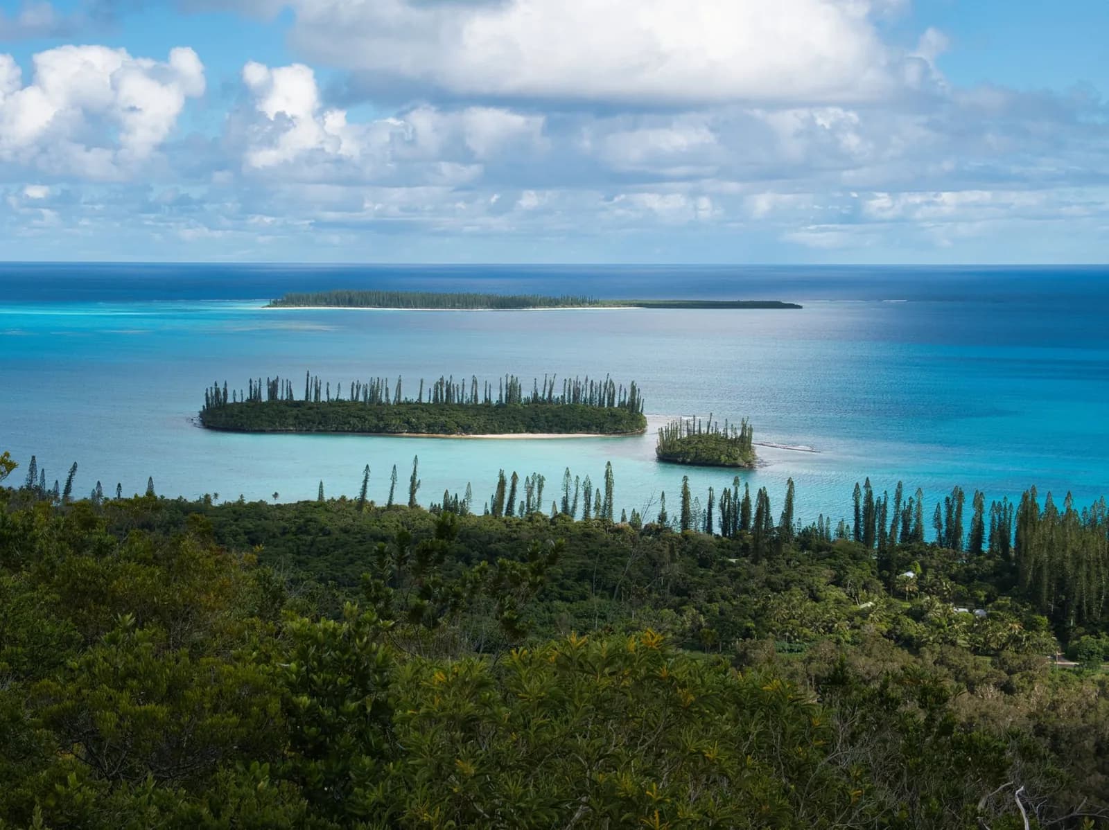 Lagon turquoise et îlots couverts de pins colonnaires de l'Île des Pins en Nouvelle-Calédonie