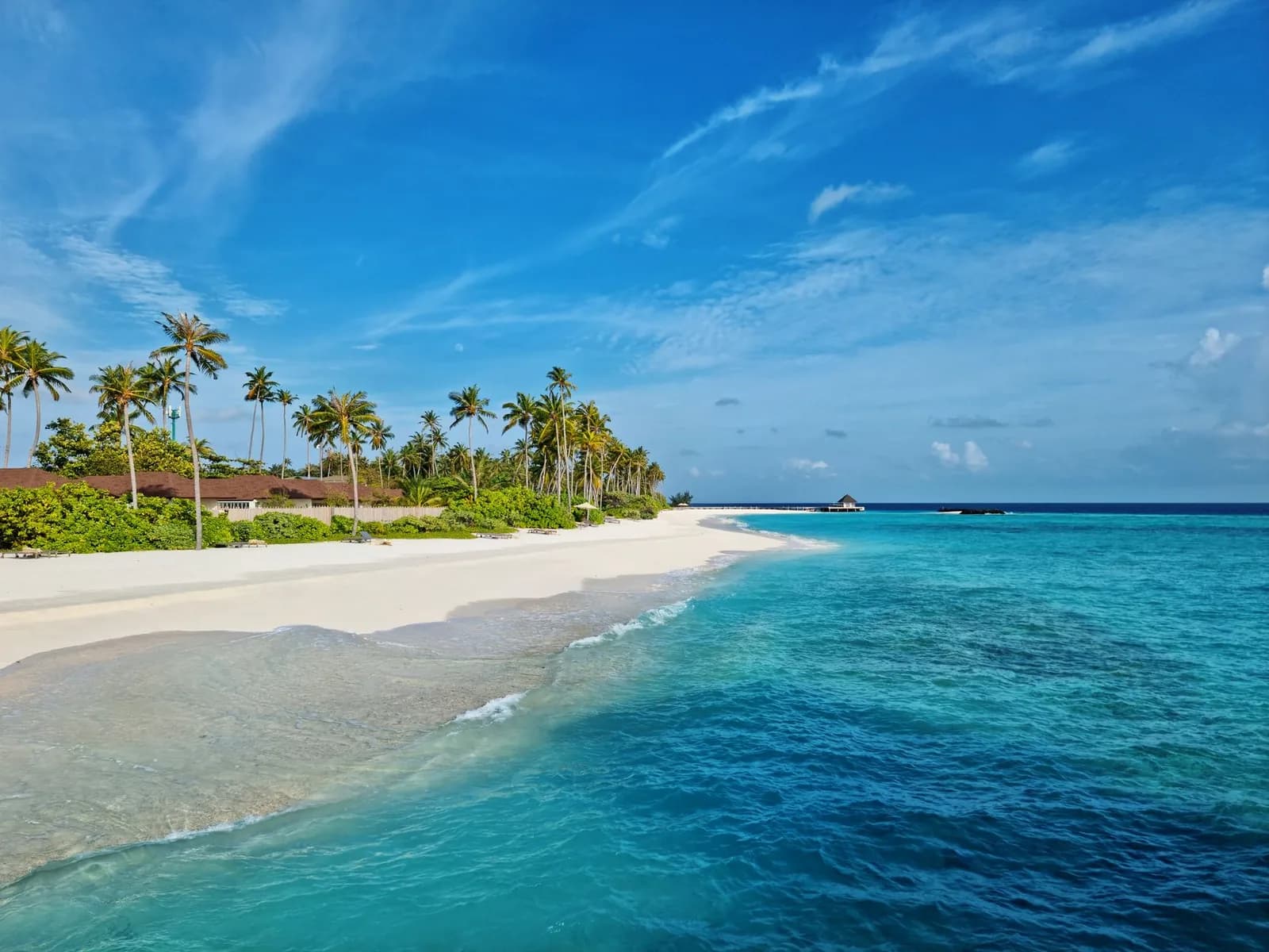 Plage de sable blanc bordée de cocotiers devant un lagon turquoise
