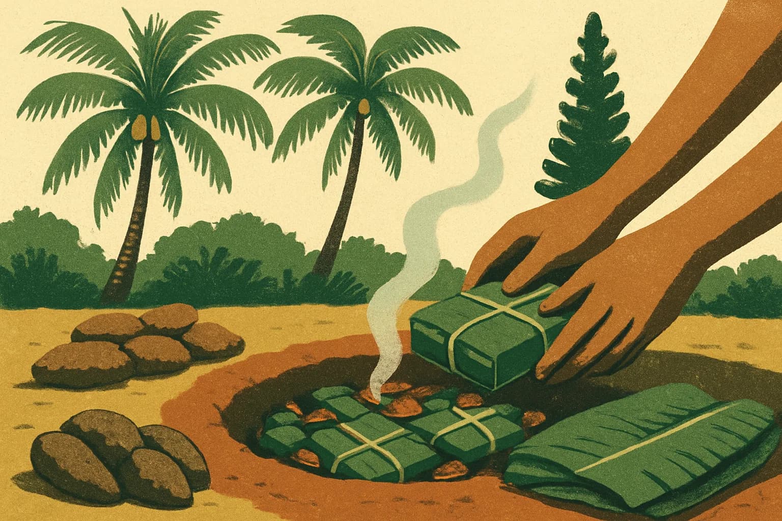 Illustration d’un four kanak : paquets de bougna en feuilles de bananier déposés sur des pierres chaudes dans une fosse, ignames posées à côté
