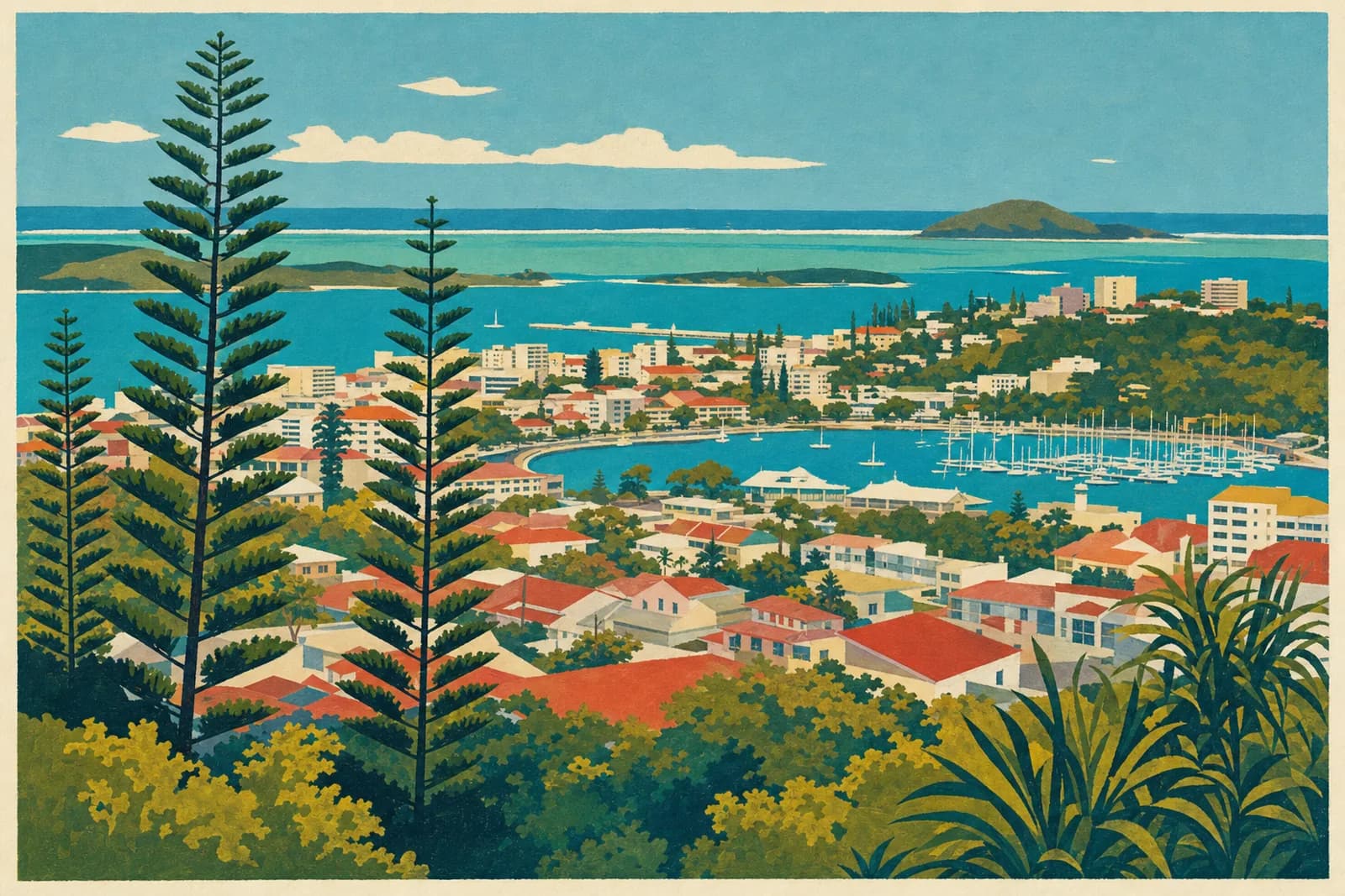 Vue générale de Nouméa depuis les hauteurs : baies, marina, toits rouges et pins colonnaires devant le lagon