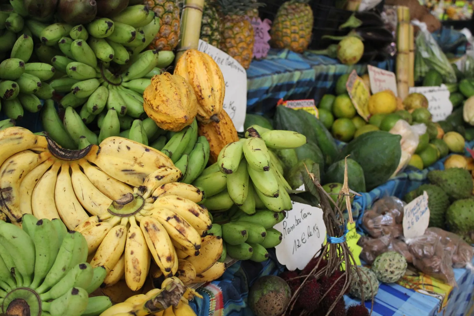 Étal de marché débordant de fruits tropicaux avec prix affichés en euros, scène de vie courante
