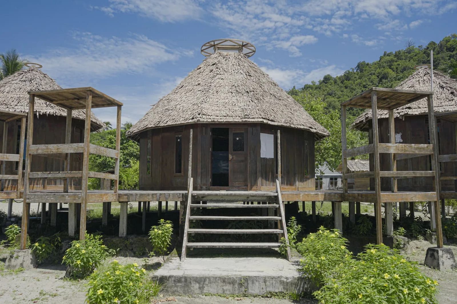 Case traditionnelle au toit conique de chaume dans un village mélanésien du Pacifique, évoquant la forme emblématique de la grande case kanak (vue d'illustration, lieu non identifié)