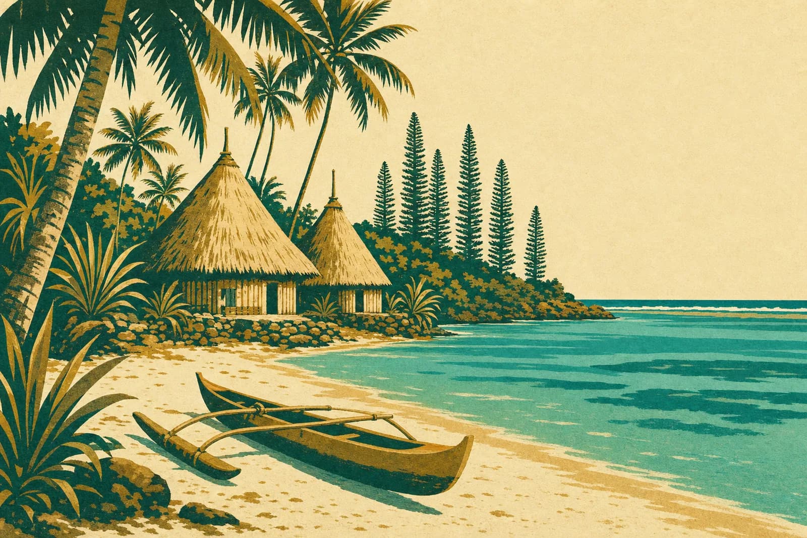 Cases au toit conique et pirogue à balancier au bord d'un lagon turquoise, cadre littoral où s'installent de nombreuses tribus kanaknie (vue d'illustration, lieu non identifié)