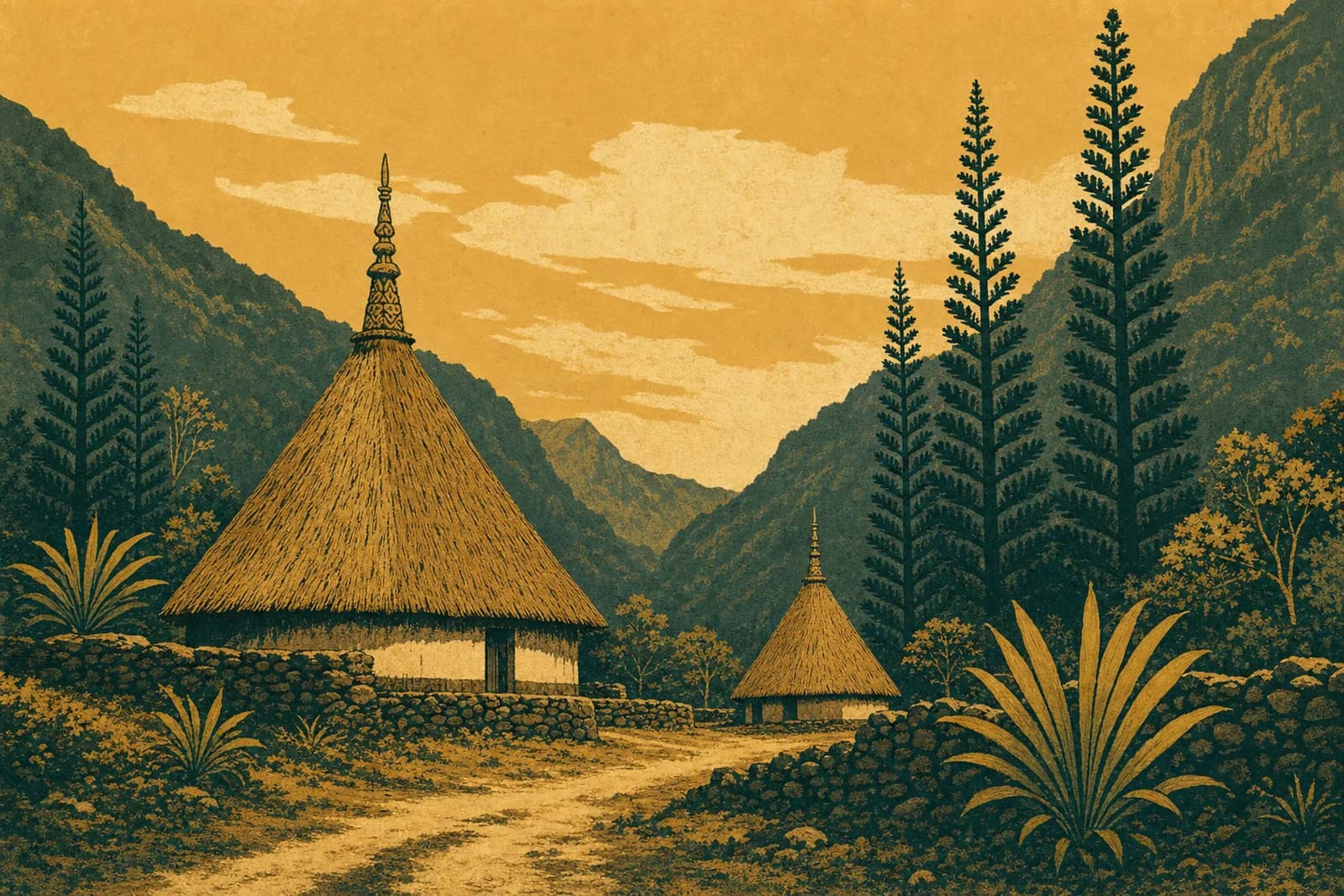 Tribu kanak au crépuscule dans une vallée de montagne : grande case au toit conique, murets de pierre sèche et pins colonnairesopicale