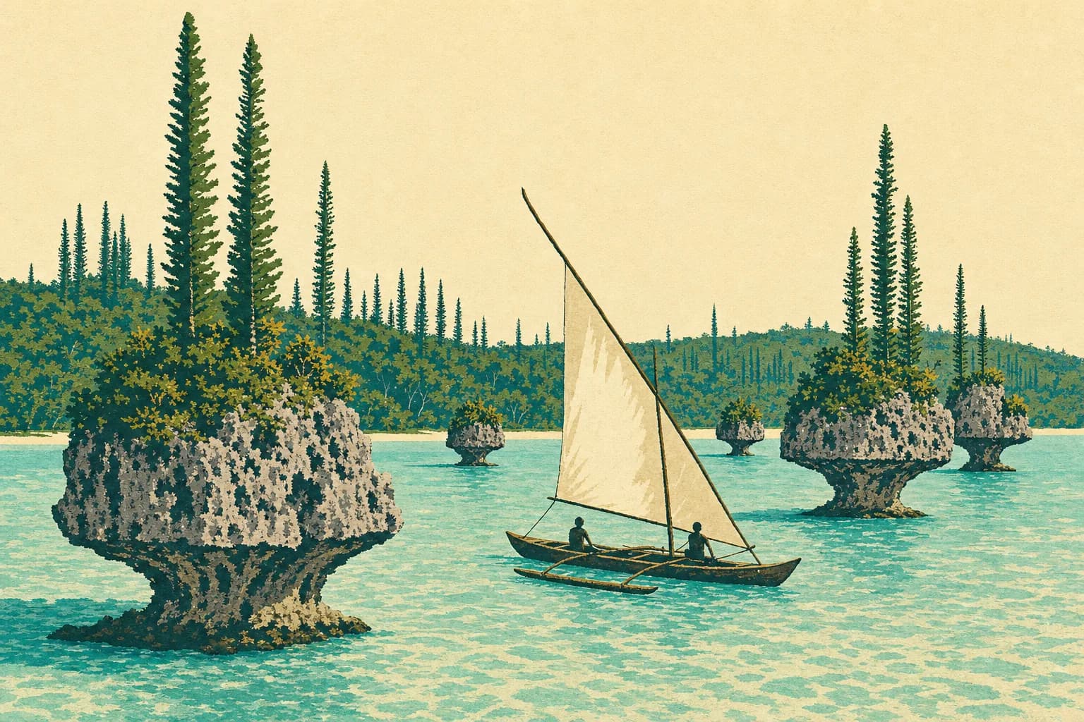 Illustration gouachée : pirogue à balancier et voile triangulaire glissant entre les pitons calcaires de la baie d’Upi, Île des Pins