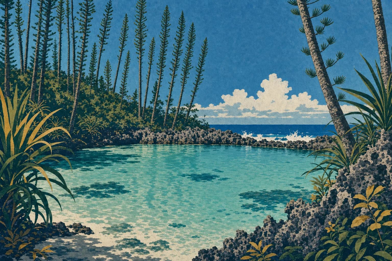 Illustration gouachée : bassin d’eau turquoise abrité par des rochers coralliens et bordé de pins colonnaires, piscine naturelle d’Oro