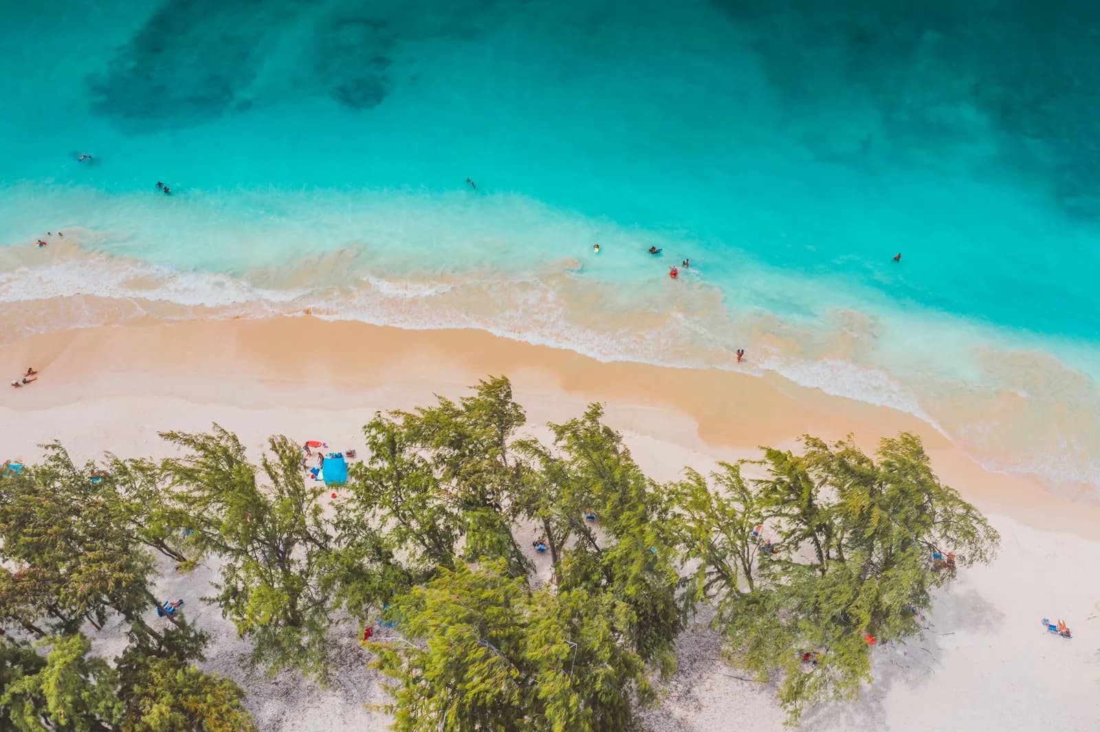 Plage de sable blanc bordée de pins colonnaires et lagon turquoise vus du ciel, paysage évoquant l’Île des Pins en Nouvelle-Calédonie