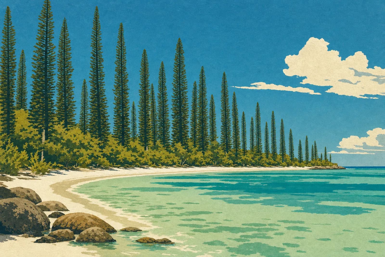 Baie de sable blanc de l'Île des Pins bordée d'une rangée serrée de pins colonnaires, l'arbre qui donne son nom à l'île Pins
