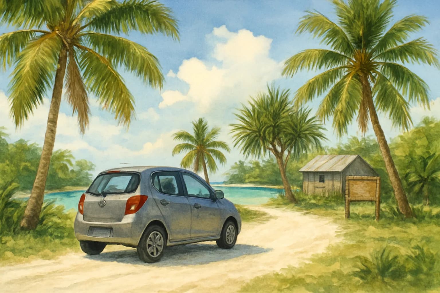 Illustration d’une petite voiture grise garée sur une piste de sable corallien bordée de cocotiers et de pandanus, lagon turquoise entre les arbres, paysage évoquant les îles Loyauté