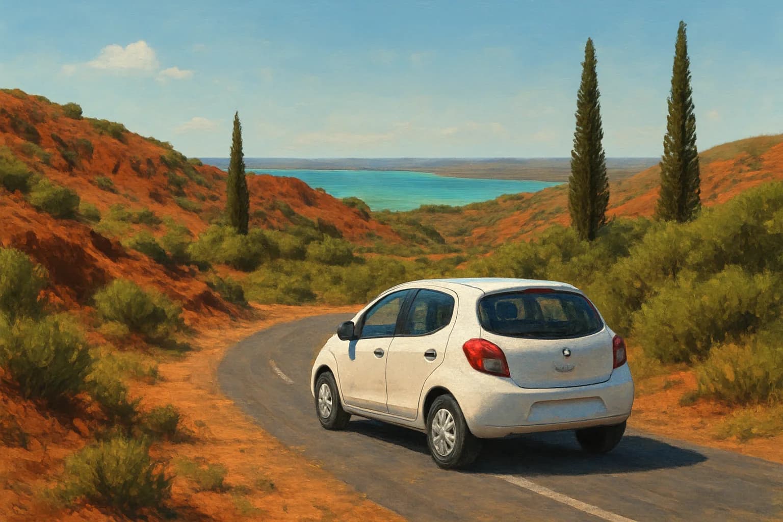 Illustration d’une petite voiture blanche de location sur une route qui serpente entre les collines de terre rouge du Grand Sud, lagon turquoise au loin, Nouvelle-Calédonie