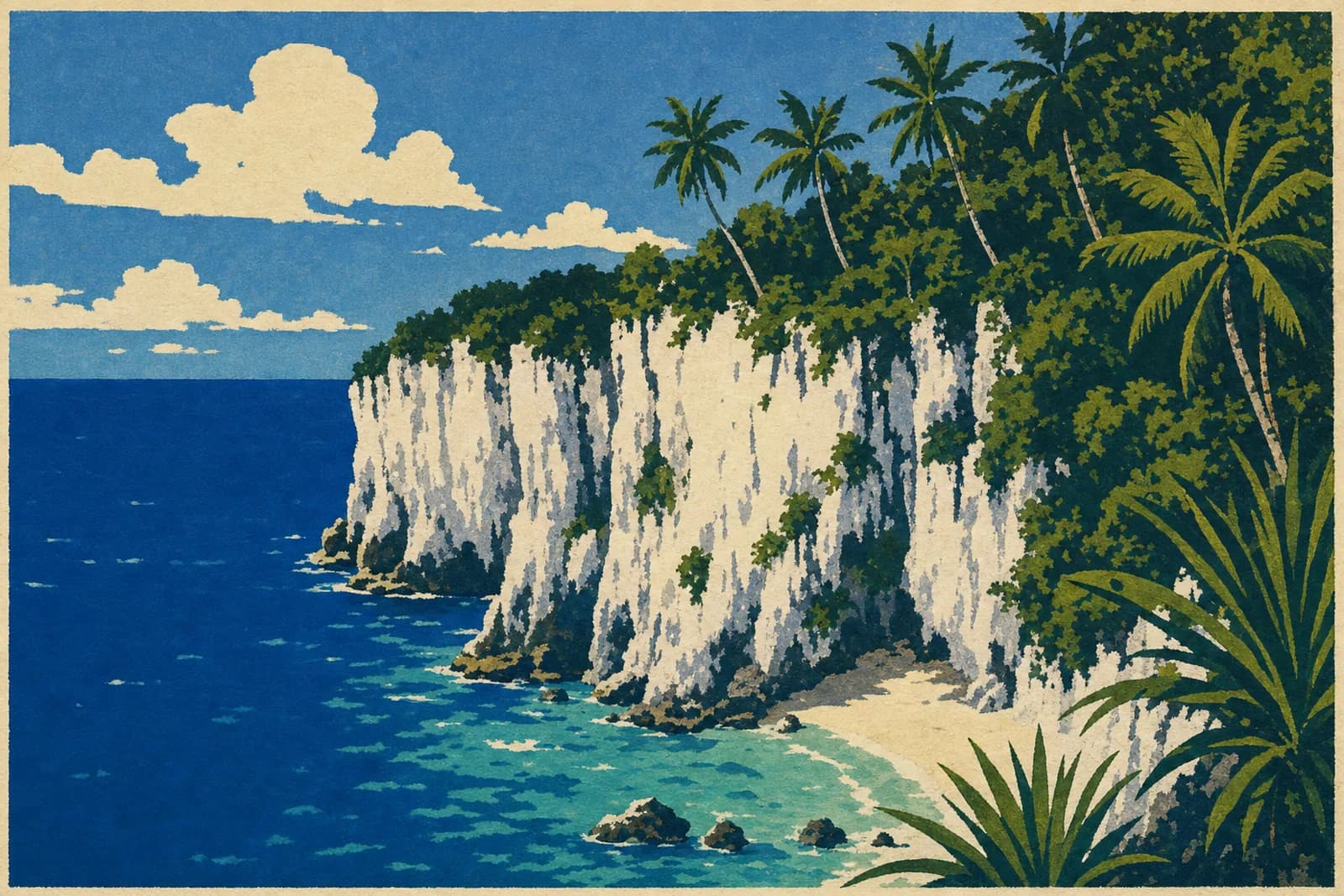 Falaise de calcaire corallien blanc plongeant dans la mer bleue à Maré, petite crique de sable et cocotiers au sommet, aux îles Loyautéîles Loyauté