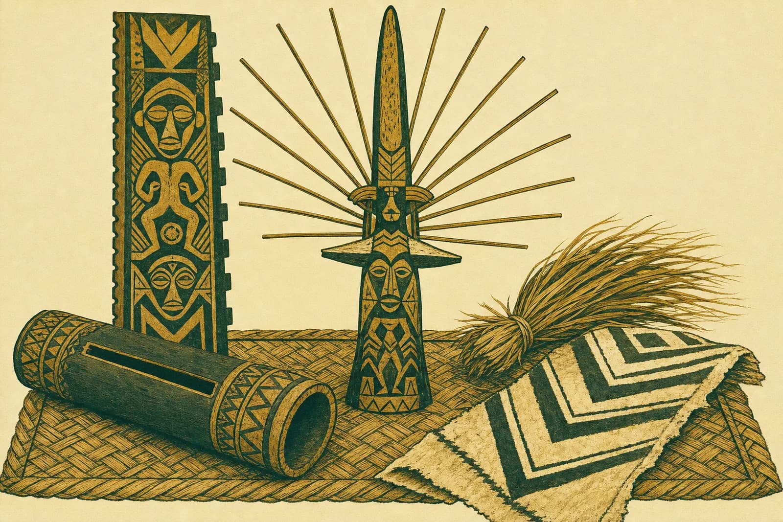 Objets sculptés de la culture kanak disposés sur une natte de pandanus : flèche faîtière, chambranle de porte, tambour à fente et étoffe à chevrons, arts du Pacifique mis à l’honneur par le festival de 1975