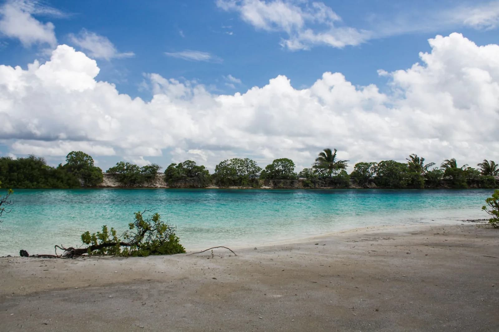 Lagon turquoise bordé de sable blanc et de végétation, vu depuis le littoral, ambiance du sud de la Nouvelle-Calédonie
