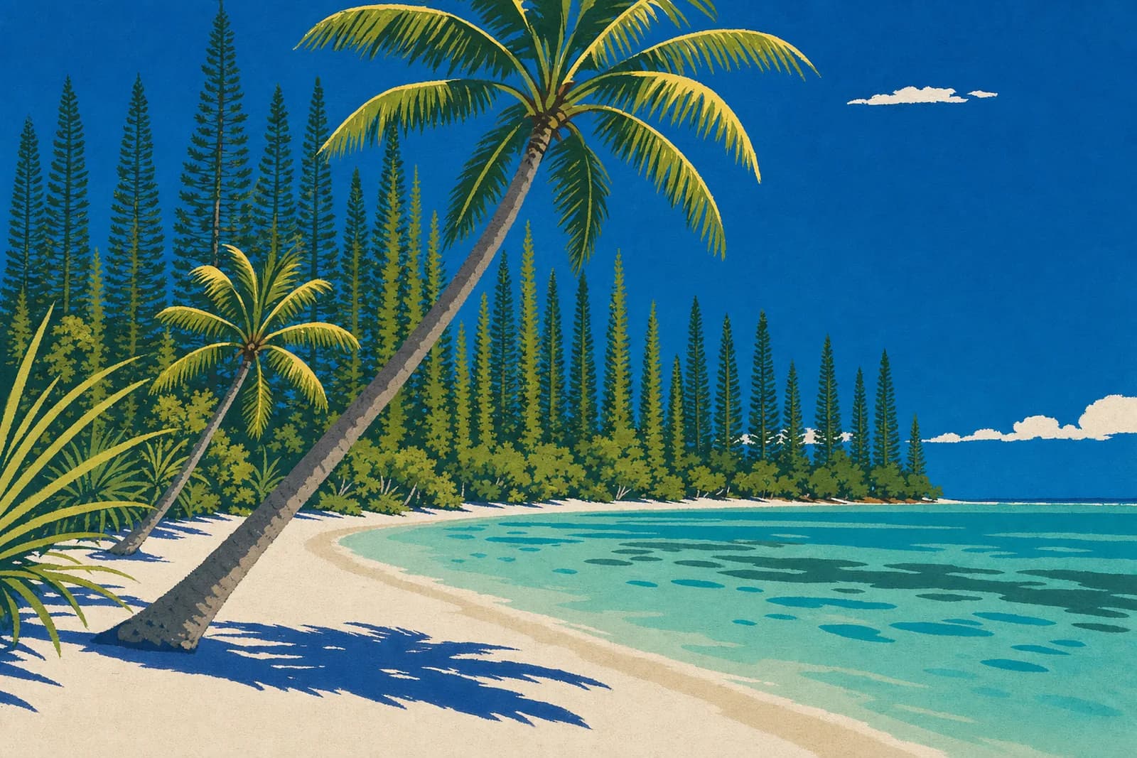 Plage de sable blanc de l'Île des Pins en saison sèche, cocotiers penchés et rideau de pins colonnaires devant un lagon turquoise