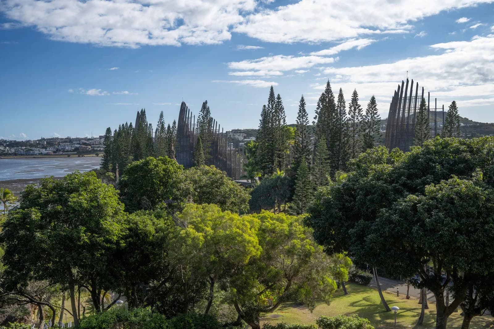 Les cases en lamelles de bois du Centre culturel Tjibaou dépassent des pins colonnaires, au bord de la baie de Tina à Nouméa