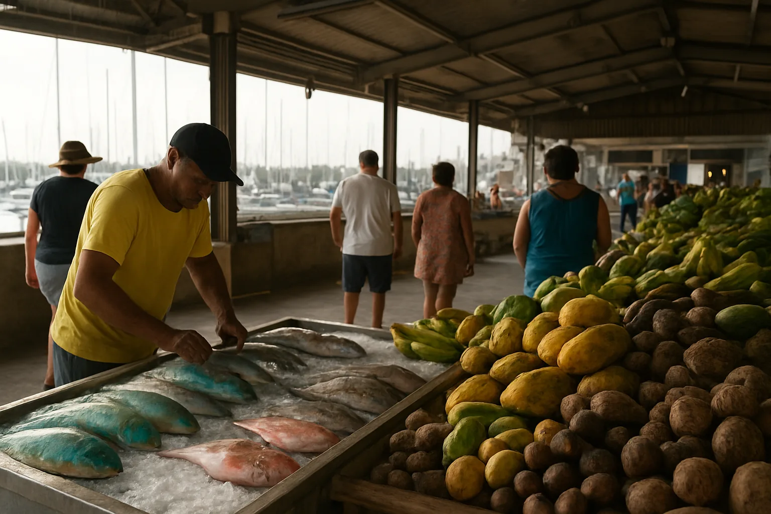 Illustration d’un marché couvert en bord de marina : poissons du lagon sur glace, papayes, bananes et tubercules