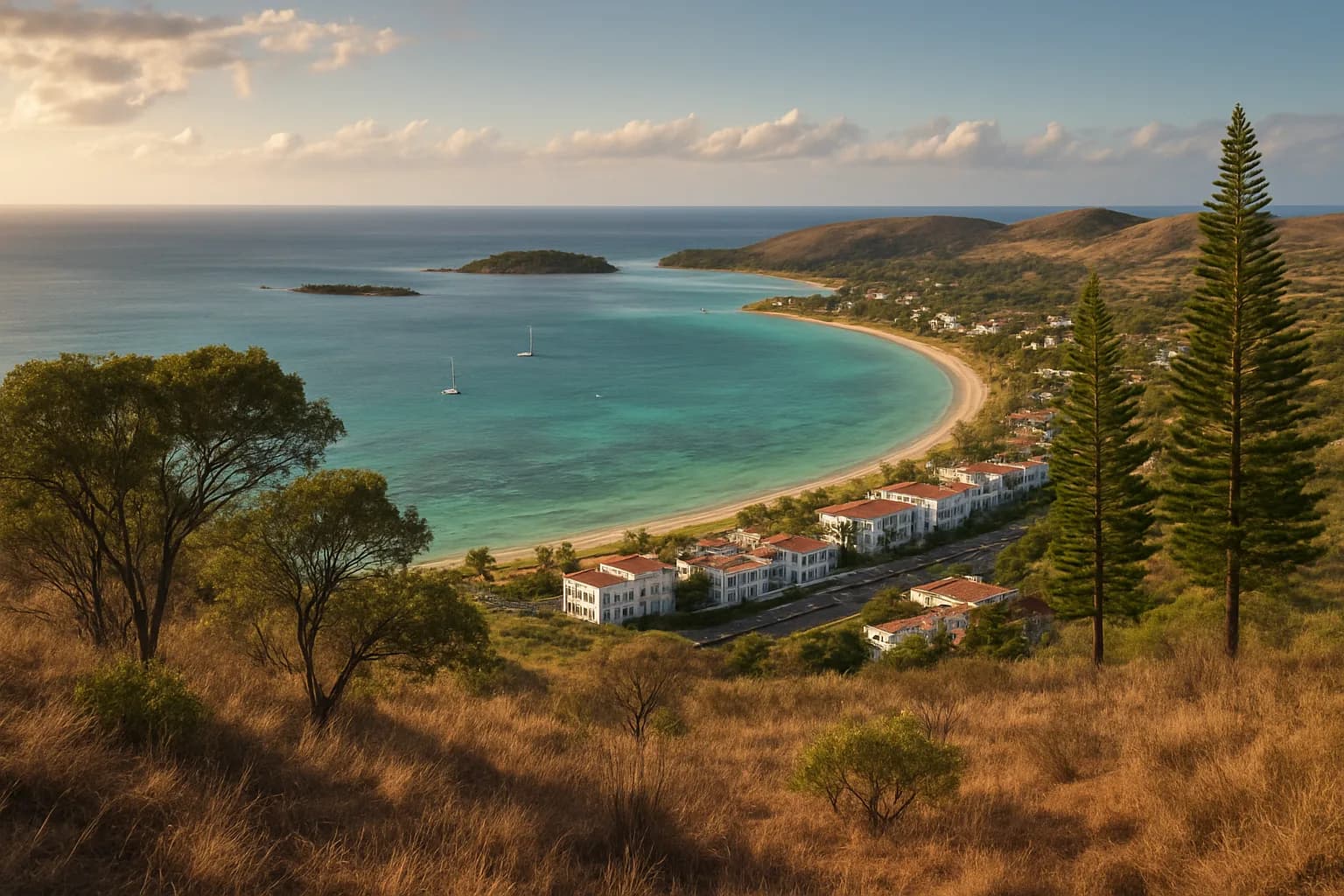 Illustration d’une vue depuis une colline de savane sèche sur une baie, une ville côtière et des îlots du lagon