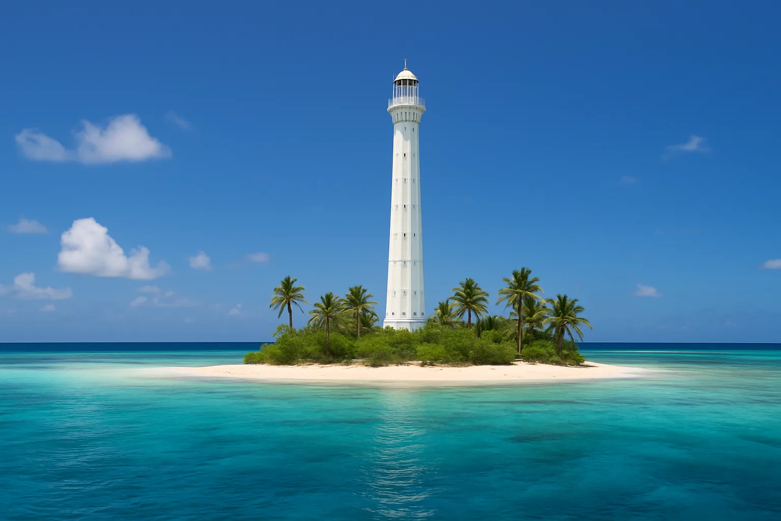 Illustration d’un haut phare blanc sur un îlot de sable planté de cocotiers, au milieu d’un lagon turquoise