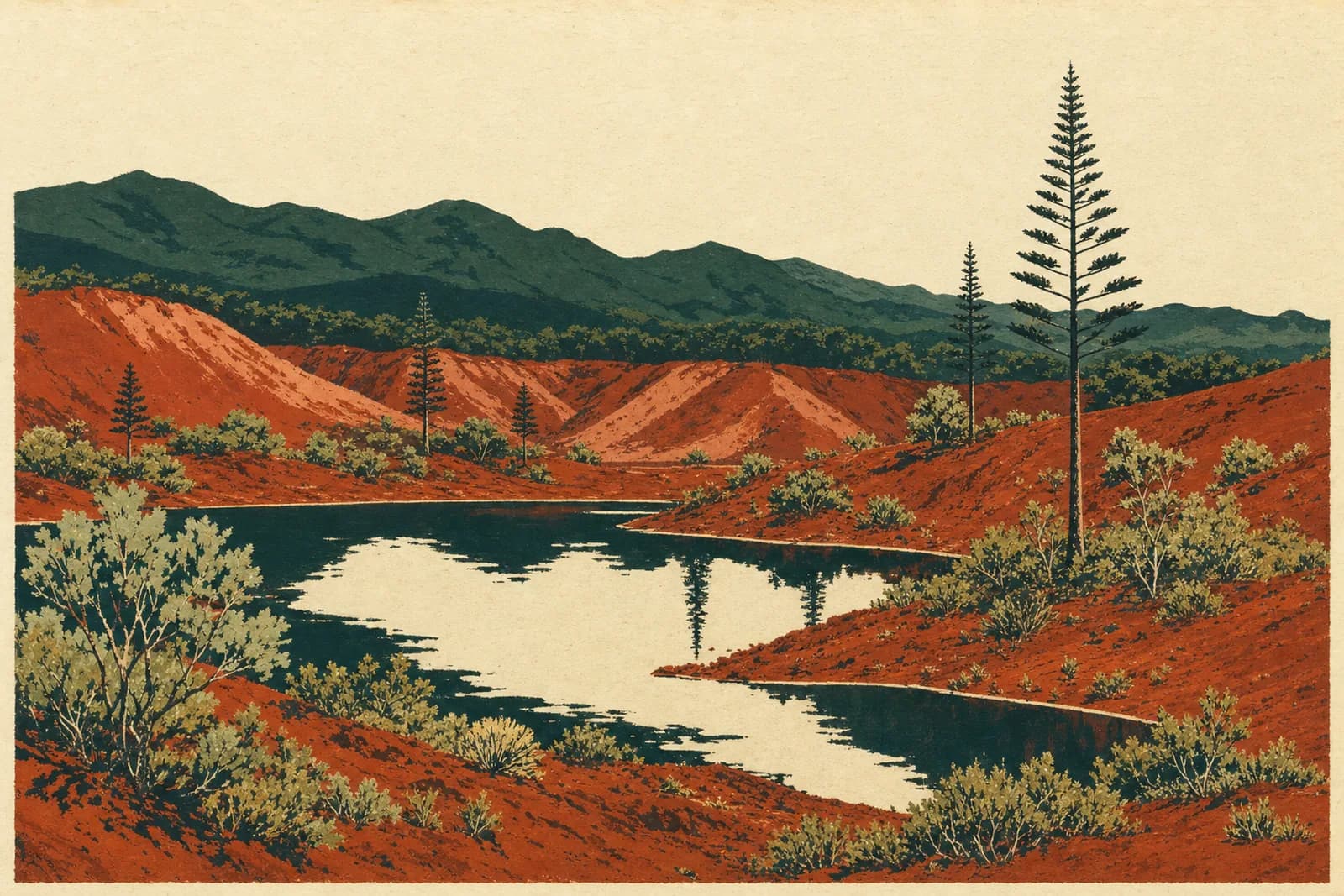 Berge de terre rouge latéritique bordée de végétation au bord d'un plan d'eau, évoquant les paysages de terre rouge du sud