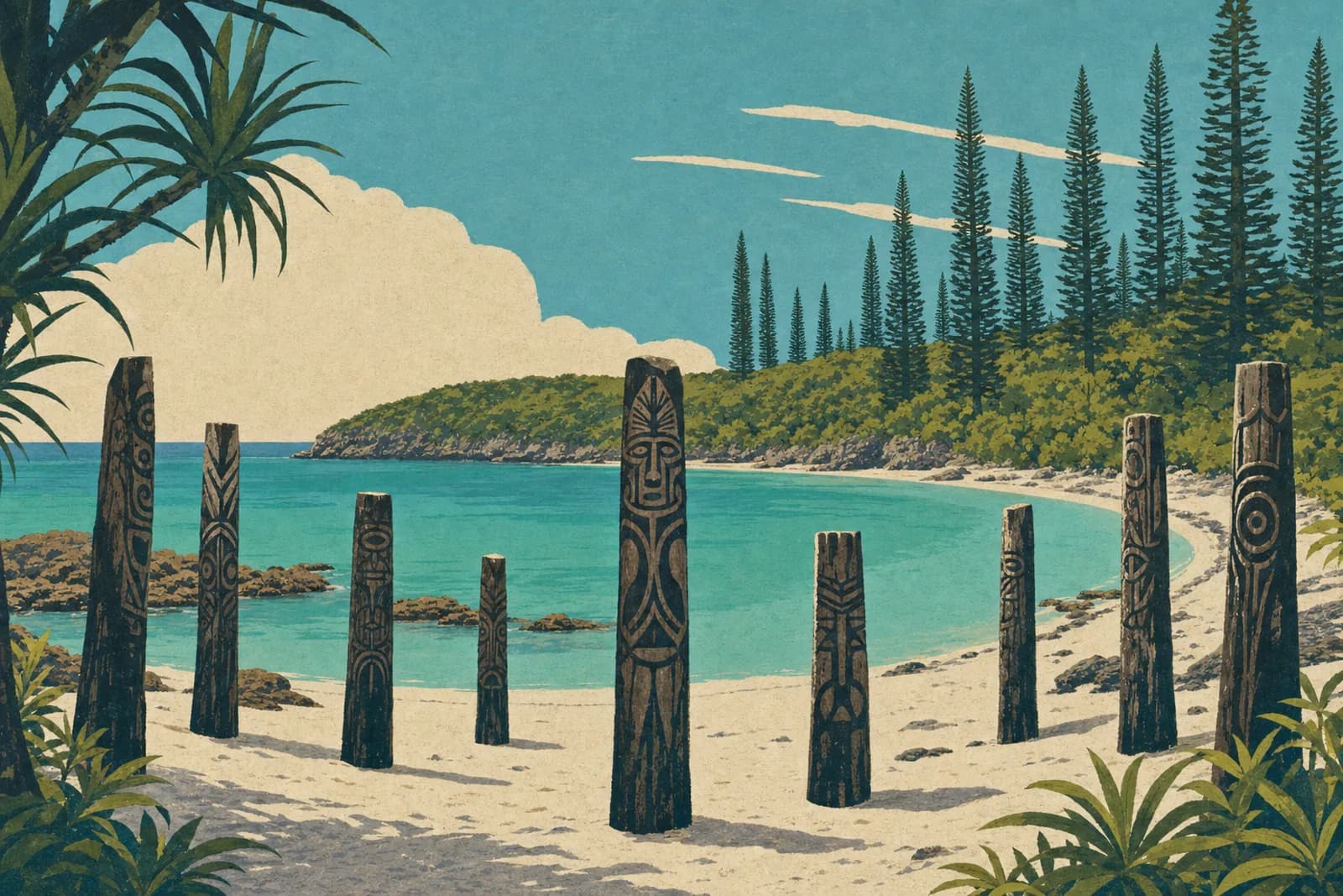 Cercle de totems sculptés dressés sur le sable de la baie de Saint-Maurice, face au lagon et aux pins colonnaires de l'Île des Pins