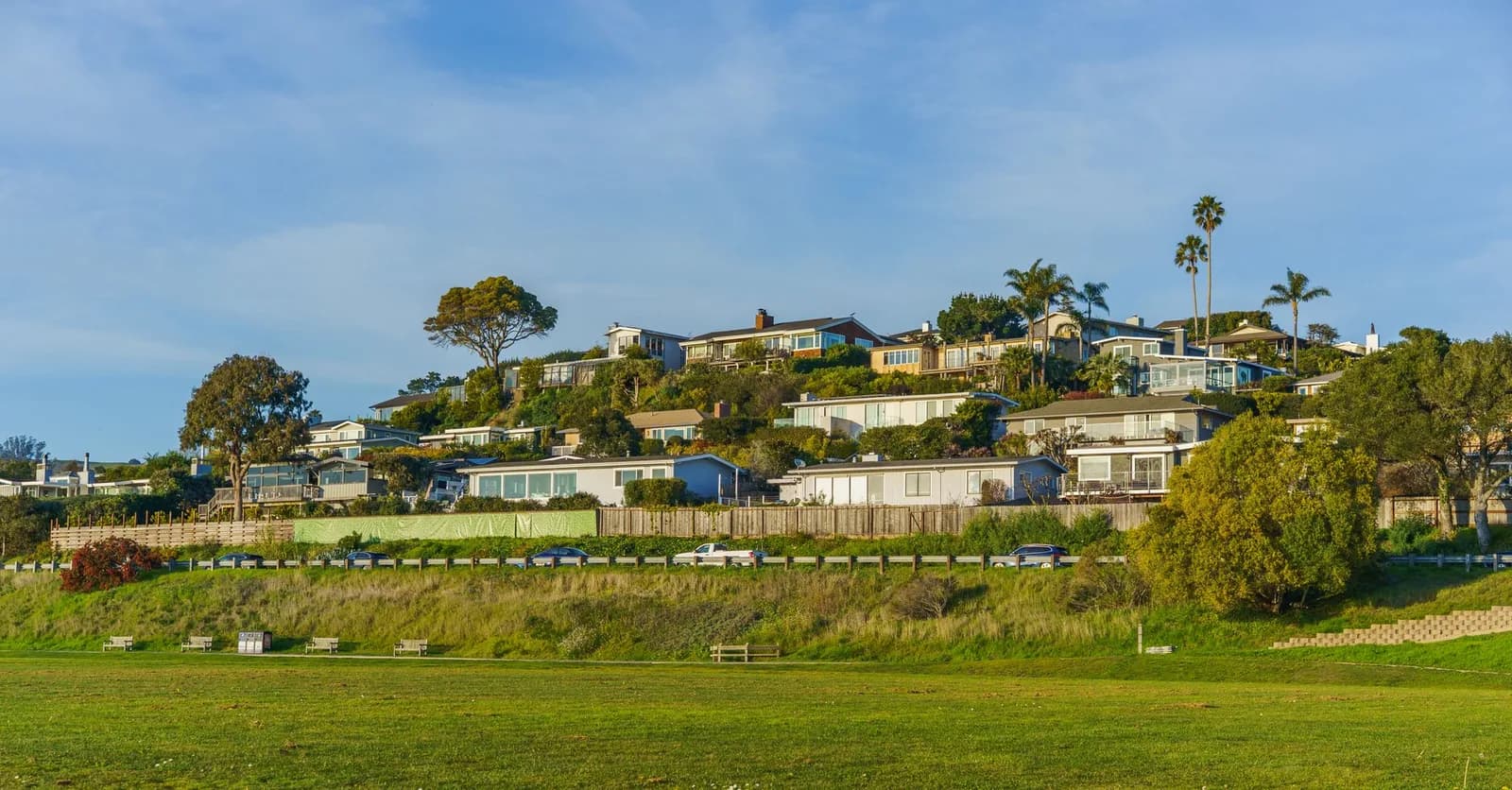 Quartier residentiel pavillonnaire a flanc de colline, avec maisons individuelles et palmiers sous un ciel degage, illustrant l'habitat periurbain du Grand Noumea (image d'illustration)